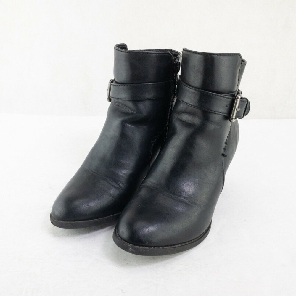 Bass & Co Felicia Black Leather Ankle Boots Size 6 Block Heel